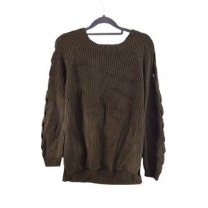 Lucky Brand Green Sweater Womens Medium Cotton Blend Open Cable Knit Sleeves